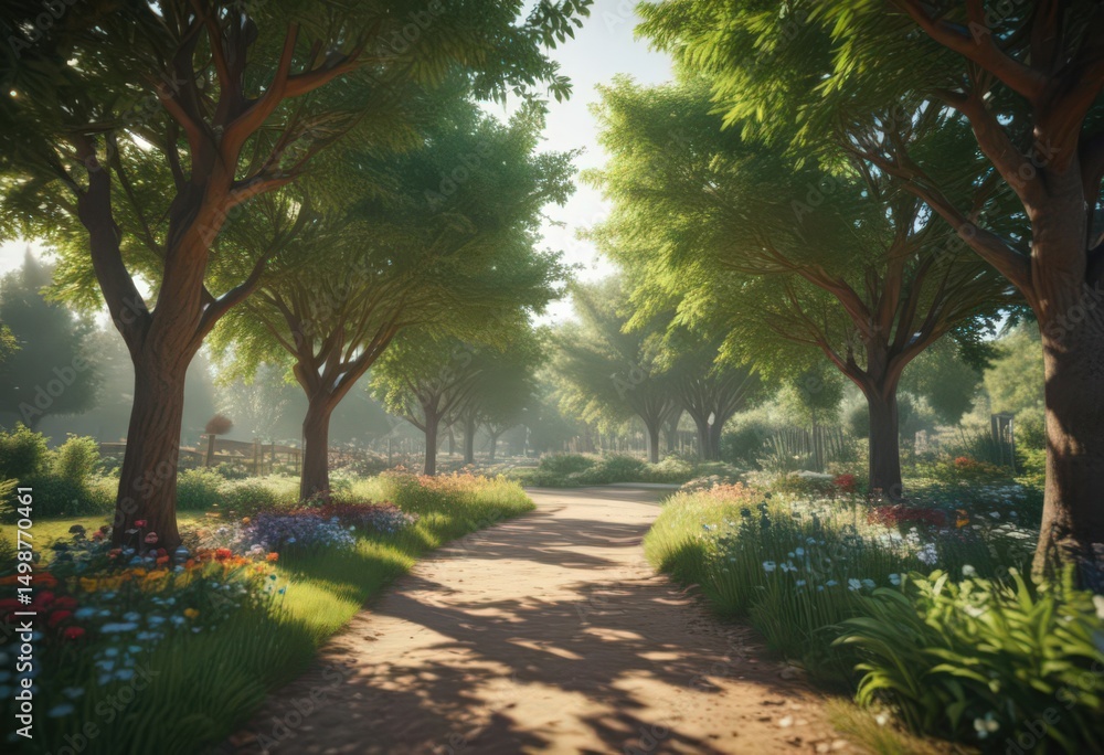 Obraz premium Bright, blurry garden scene, out-of-focus trees, sun, light