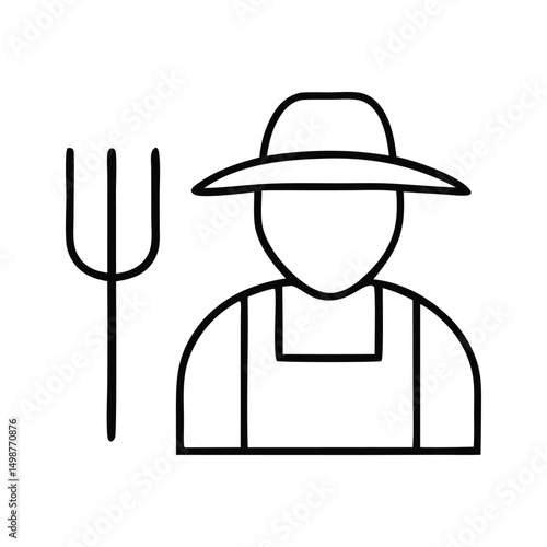 Simple line art illustration of a farmer with pitchfork.