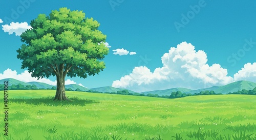 Peaceful Anime Style Countryside Landscape with Blue Sky and Clouds