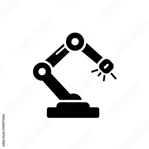 A black robotic arm with a base and three joints on a white background in a simple vector graphic