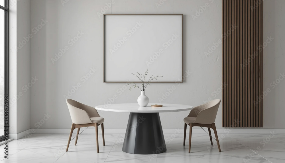 Fototapeta premium Modern Minimalist Dining Room Interior Design White Table Beige Chairs Mockup Frame