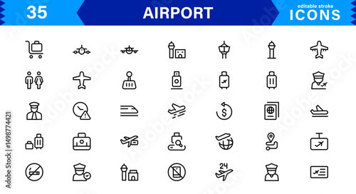 Airport vector line icon set. Contains linear outline icons like Plane, Ticket, Baggage, Terminal, Passport, Luggage, Departure, Flight, Transport, Airplane. Editable use and stroke for web