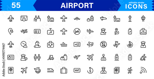 Airport vector line icon set. Contains linear outline icons like Plane, Ticket, Baggage, Terminal, Passport, Luggage, Departure, Flight, Transport, Airplane. Editable use and stroke for web