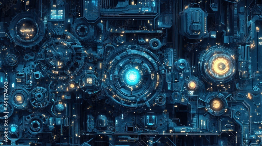 Futuristic technological complex. Intricate, detailed machine components. Circular core with glowing center. Dark blue and luminous yellow accents Futuristic technological complex. Intricate, detailed machine components. Circular core with glowing center. Dark blue and luminous yellow accents