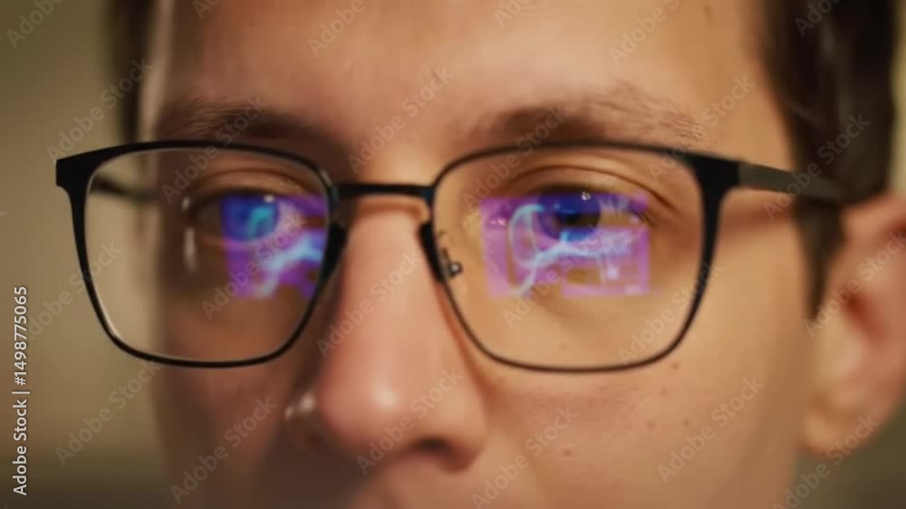 Man's Eyes Reflecting Computer Screen While Wearing Glasses, Close Up View Man's Eyes Reflecting Computer Screen While Wearing Glasses, Close Up View