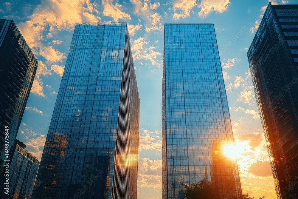 Obraz premium Two modern glass skyscrapers reflecting warm orange sunlight under a vibrant sky with scattered clouds during sunset