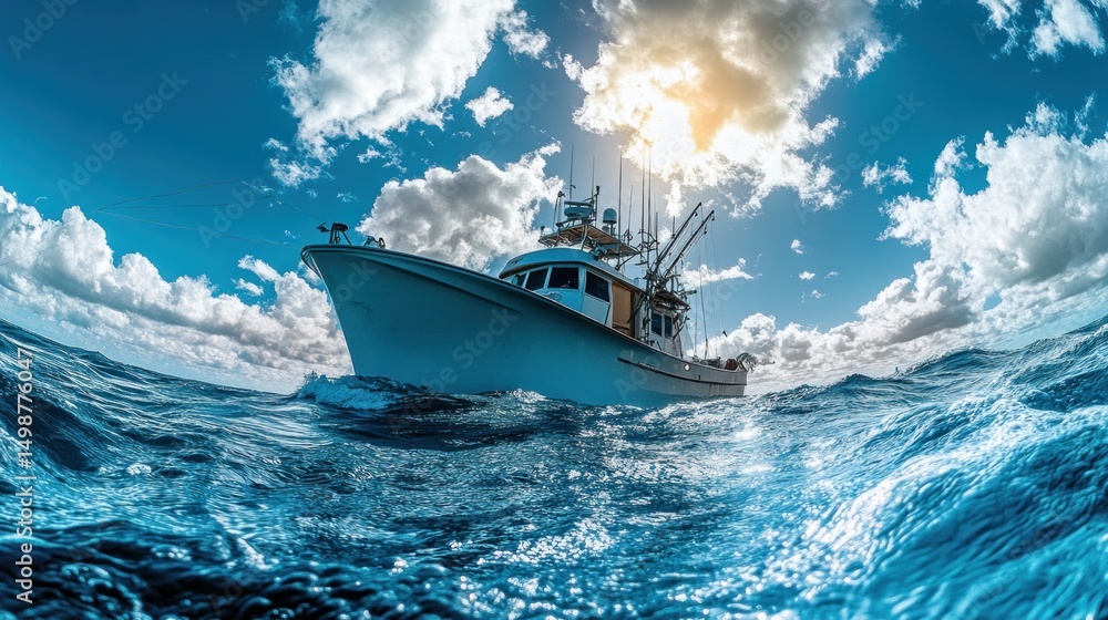 Naklejka premium Fishing vessel in a vibrant blue sea. Sunlight beams through the clouds above