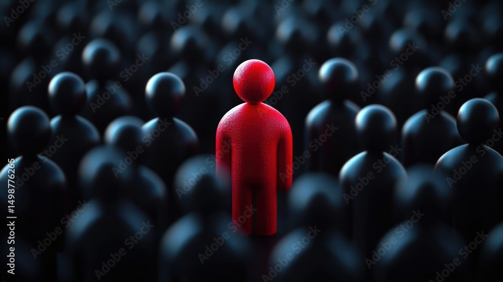 Obraz premium A single bright red figure standing out among a crowd of dark, shadowy figures, symbolizing individuality and uniqueness in a subdued environment