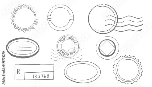 Post stamp air mail postage rubber vintage frame, seal. Line retro textured blank postmark border template. Grunge circle airmail print, design element.