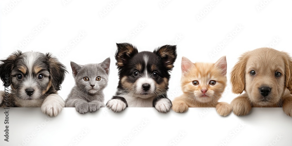 Obraz premium Cute puppies and kittens interact playfully at a pet adoption event in a sunny, bright setting