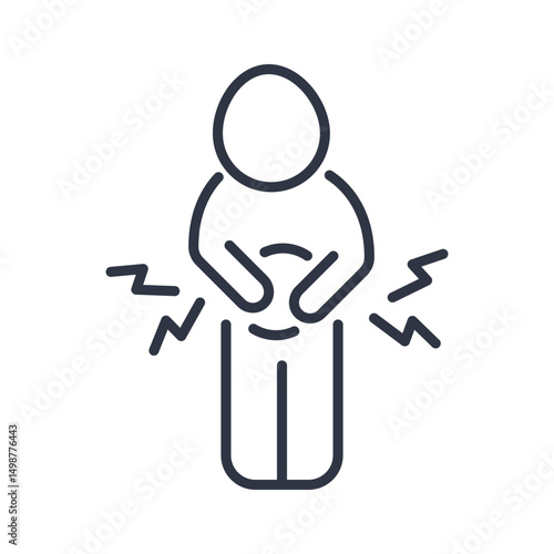 A vector line icon shows a person holding their stomach with radiating pain symbols. Represents stomach ache and abdominal discomfort.