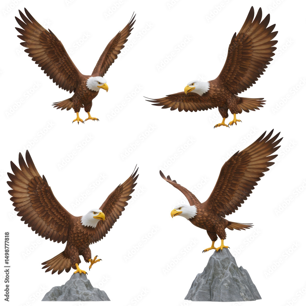 Fototapeta premium Set of 4 Cartoon Eagles Flying and Perched on Rocks