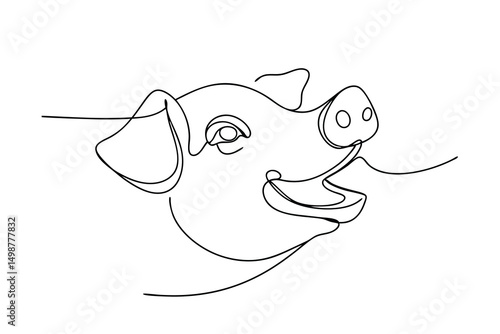 Continuous one line drawing happy piglet head