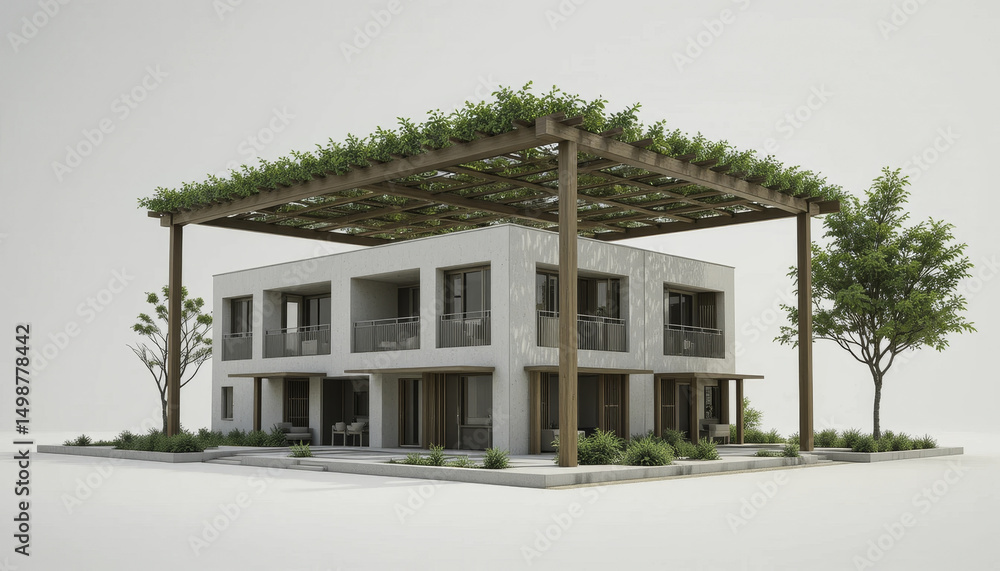 Fototapeta premium Modern two story house with minimalist design features large wooden pergola covered in greenery, creating blend of architecture and nature. surrounding landscape includes small trees and shrubs