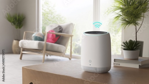 3D rendering of a smart air purifier with built-in Wi-Fi, designed for optimal air quality.