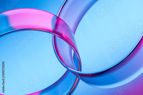 Abstract 3D glass rings with neon reflections on a colorful background