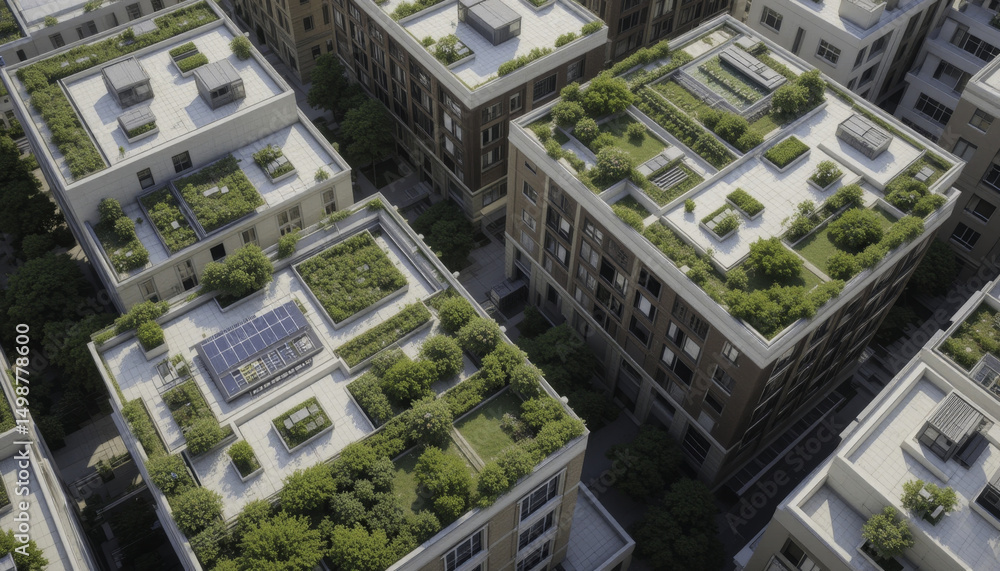 Fototapeta premium Green rooftops on urban buildings create sustainable cityscape, showcasing lush vegetation and solar panels. These eco friendly designs promote environmental benefits and energy efficiency