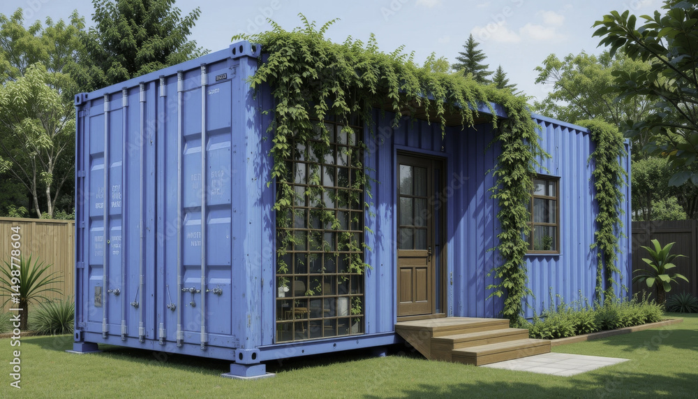Obraz premium blue shipping container repurposed into modern tiny home is adorned with lush green vines, creating harmonious blend with surrounding garden. wooden door and steps add rustic touch