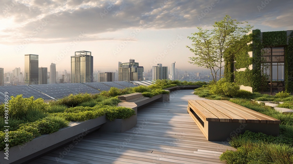 Fototapeta premium Rooftop Deck with Eco-Friendly Design and City View at Sunset