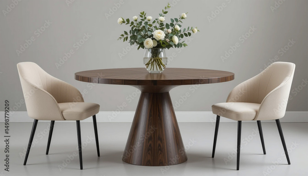 Fototapeta premium Modern Dining Room Round Wood Table Beige Chairs White Flowers