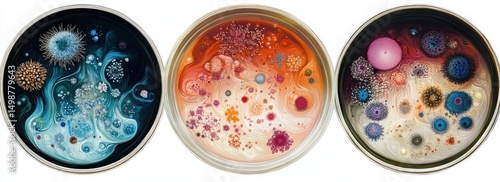 Three petri dishes filled with colorful, intricate bacterial or mold colonies displaying swirling fluid patterns and various shapes under light