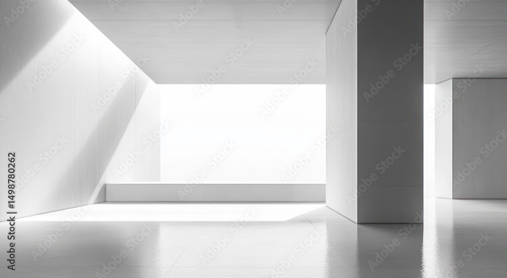 Fototapeta premium Bright empty minimalist interior space with large open window and smooth reflective floor creating a calm and spacious atmosphere