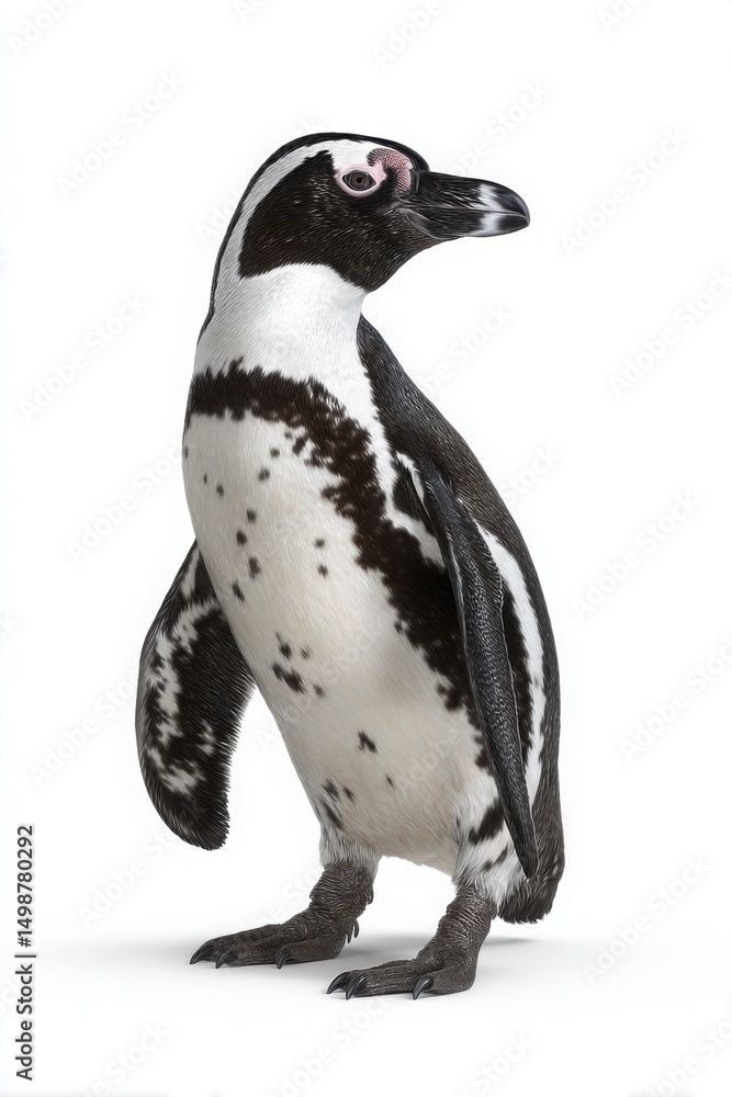 Obraz premium Penguin standing gracefully on a white background, showcasing its distinctive black and white feathers during a calm moment