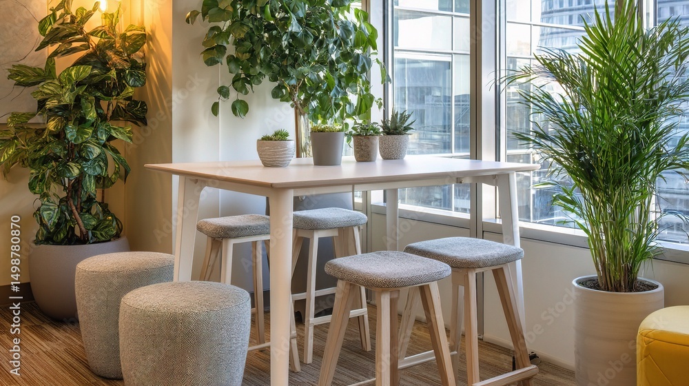 Fototapeta premium Bright Shared Office Nook Featuring High Top Table and Stools