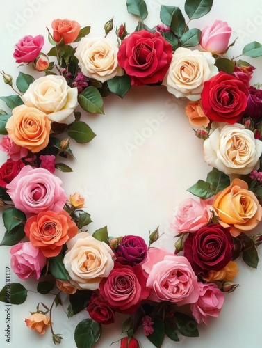 circular arrangement of vibrant roses in various colors including red, pink, peach, and cream with green leaves on a light background evoking elegance and beauty