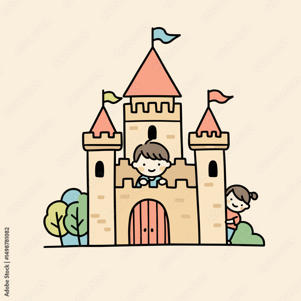 Fototapeta premium Children playing near colorful castle with trees in background 