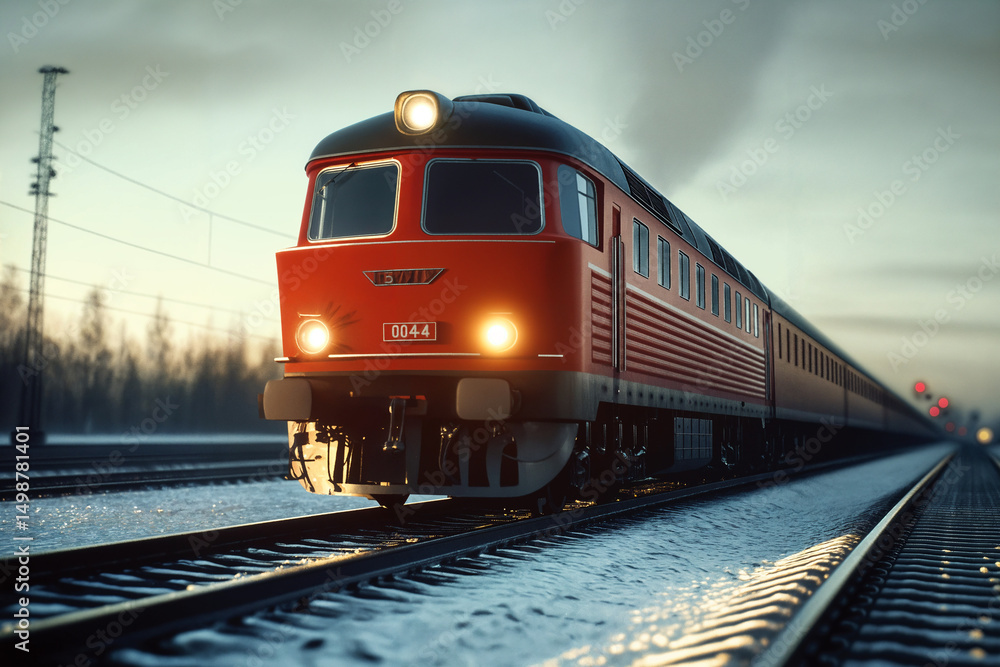 Obraz premium a red train, a locomotive on the tracks on a winter day