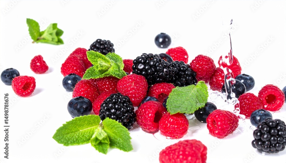 Vibrant Mixed Berries Scattered with Water Splash and Mint on Isolated White Background Scene Vibrant Mixed Berries Scattered with Water Splash and Mint on Isolated White Background Scene