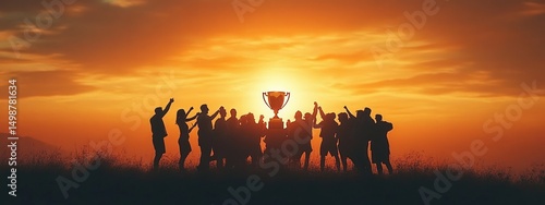 Group of people celebrating and holding a large trophy together at sunset on a grassy hill with an orange sky