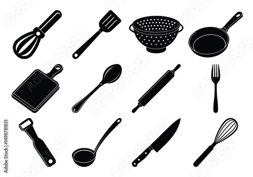 Essential cookware and utensils kitchen tools vector silhouette set isolated on white background.