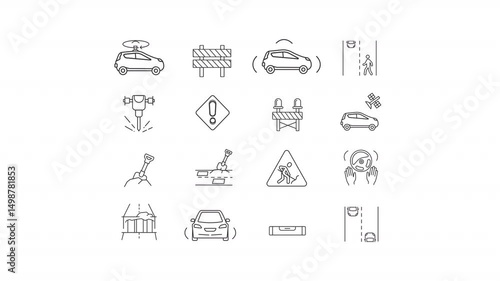 Road traffic line animation set. Urban transportation animated icons. Driverless cars, autonomous transport. Modern technology. Outline elements on white background. HD video with alpha channel