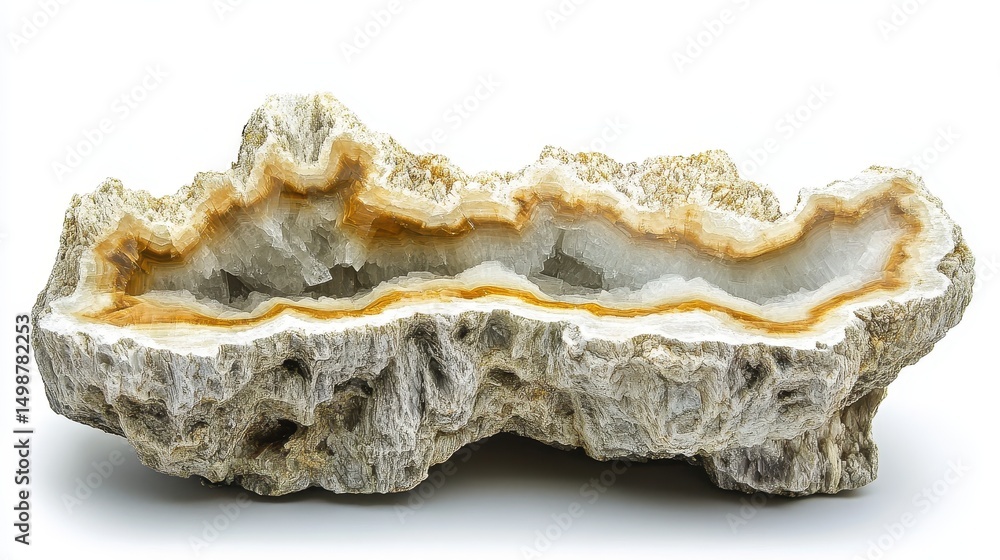 Obraz premium Raw onyx geode has brown and white banding on a white background. Use this for geological, spiritual, or metaphysical concept.