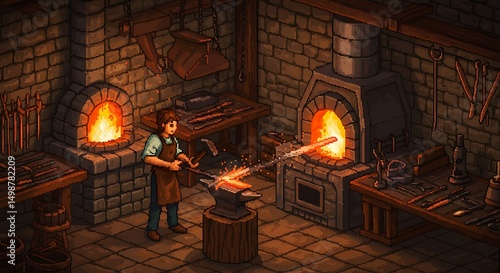 Medieval blacksmith forging a sword in his workshop