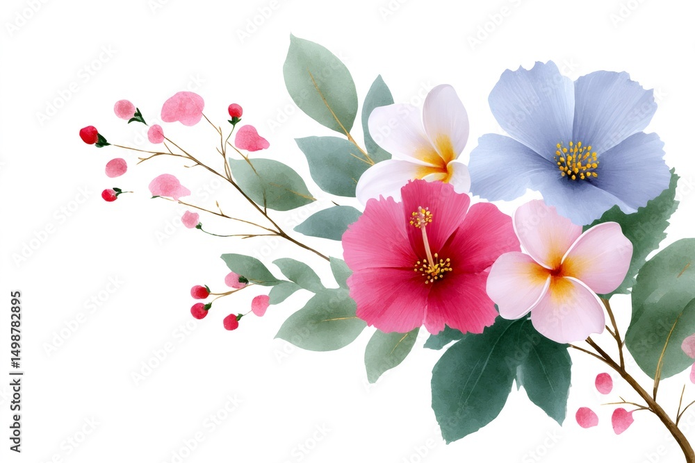 Obraz premium Watercolor bouquet of hibiscus and frangipani flowers with pink berries and eucalyptus leaves creating a delicate floral arrangement
