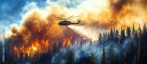 Helicopter releasing water to extinguish a large forest fire with thick smoke and bright flames among tall pine trees under a blue sky