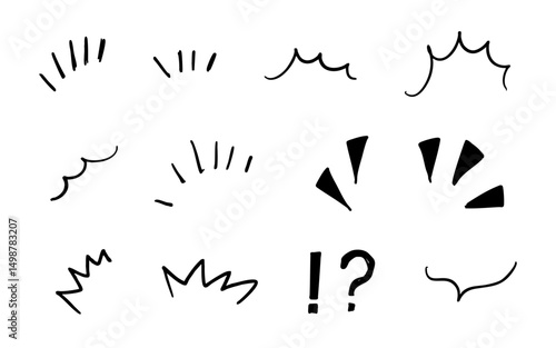 手書きの黒い気づき線　漫符アイコンセット(モノクロ)