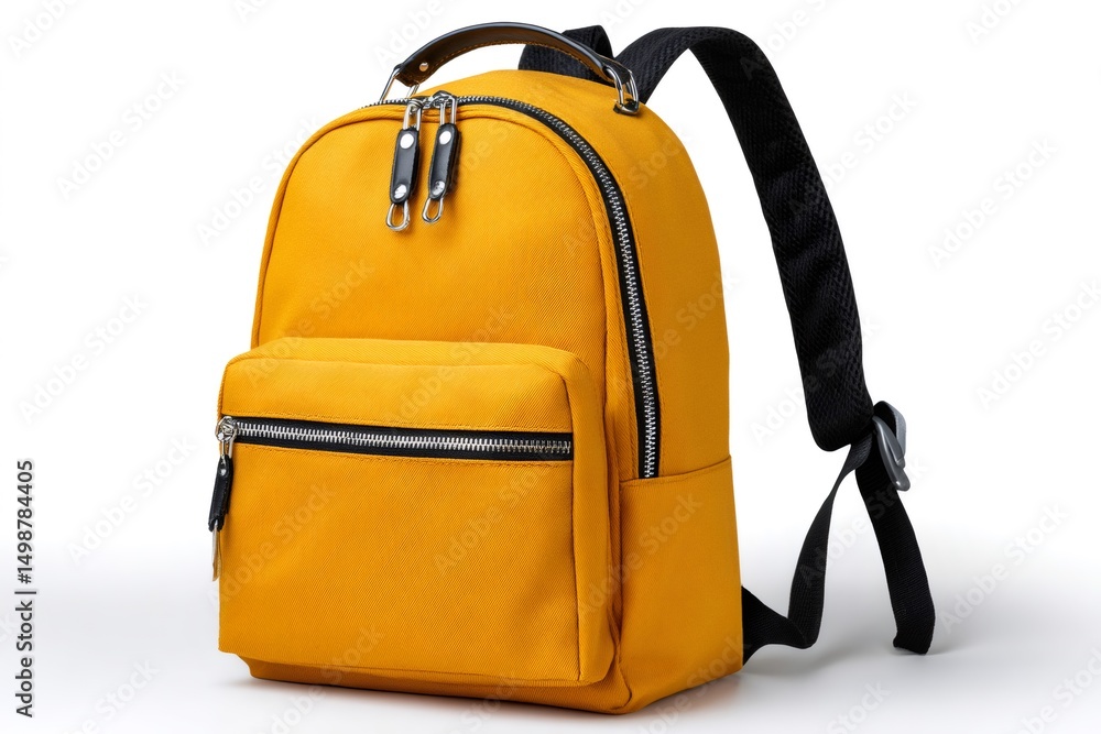 Stylish yellow backpack standing on white background Stylish yellow backpack standing on white background