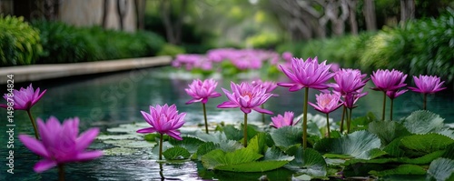 Nature meditation in peaceful meditation with lotus concept. Beautiful pink lotus flowers blooming in a tranquil water scene.