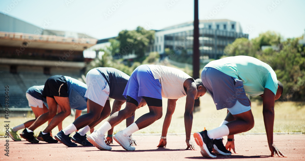 Naklejka premium Athlete, men and starting line for race for exercise, training and competition for marathon. Active, people and runners preparation for fitness event, performance and sports challenge for tournament