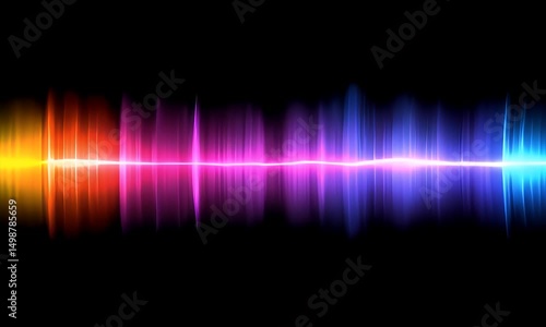 Vibrant, horizontal wave of light, showcasing a spectrum of colors from warm oranges to cool blues, set against a stark black background