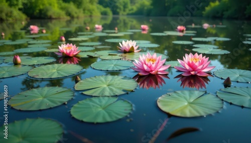 Water lilies forming a natural floral pattern on a lake, image, beauty