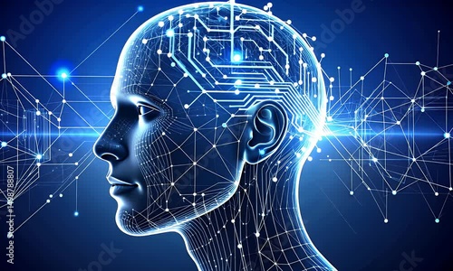 Wireframe head profile, glowing nodes simulating neural network connections