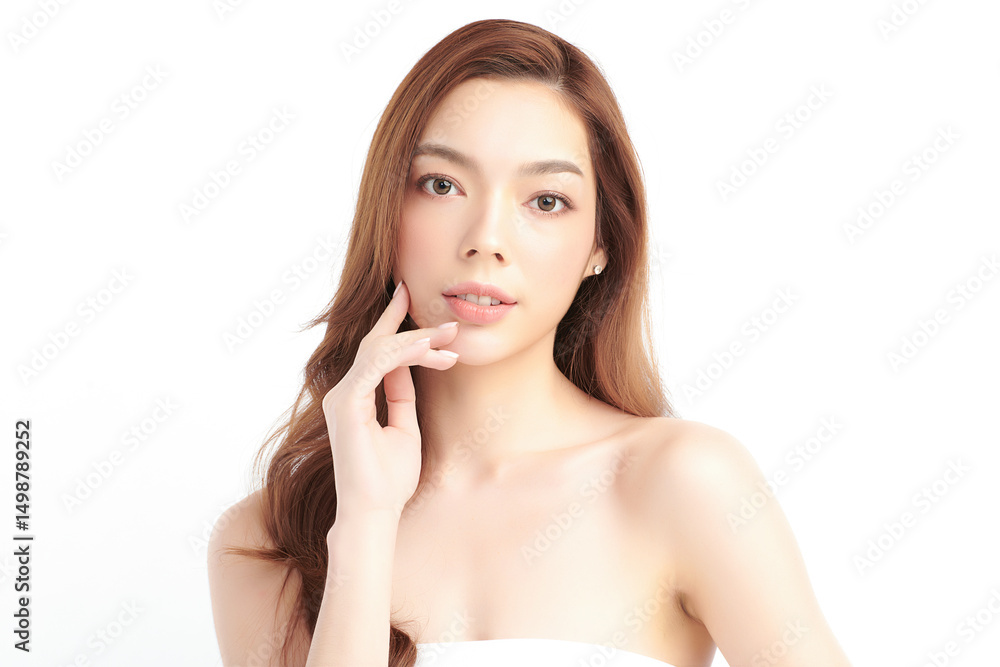 A beautiful young Asian woman with clean, fresh skin against a white background. Skincare, facial treatment, cosmetology, beauty, and spa. An elegant portrait of an Asian woman. A beautiful young Asian woman with clean, fresh skin against a white background. Skincare, facial treatment, cosmetology, beauty, and spa. An elegant portrait of an Asian woman.
