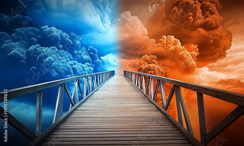 Wooden bridge stretches between contrasting skies, one fiery orange, the other cool blue, symbolizing a choice or transition