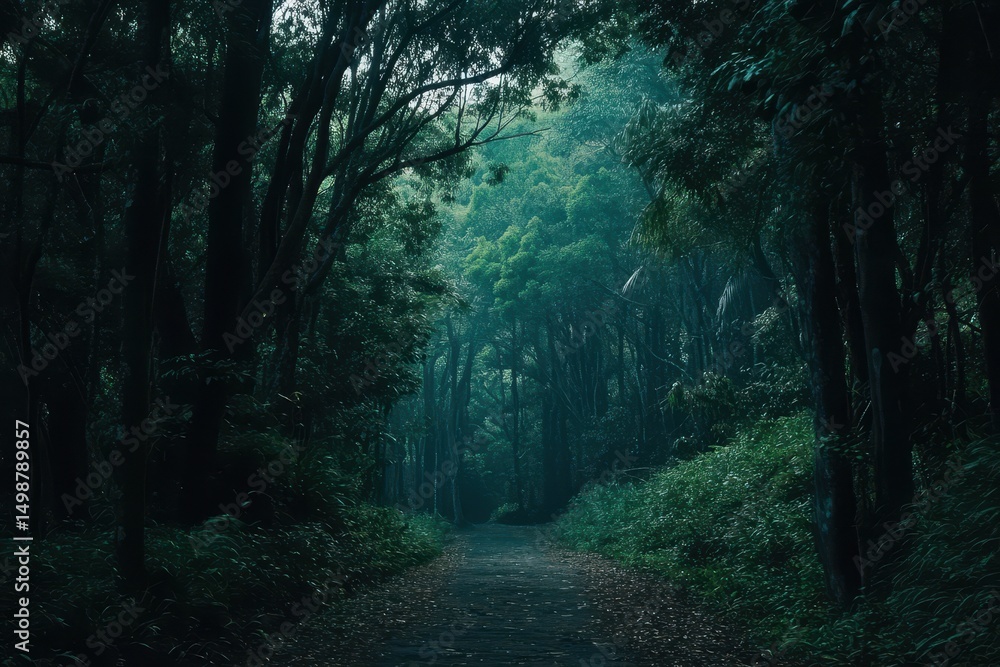 Obraz premium A path disappears into the dark, misty green forest ahead. Use for mystical stories, fantasy worlds, or nature's beauty.