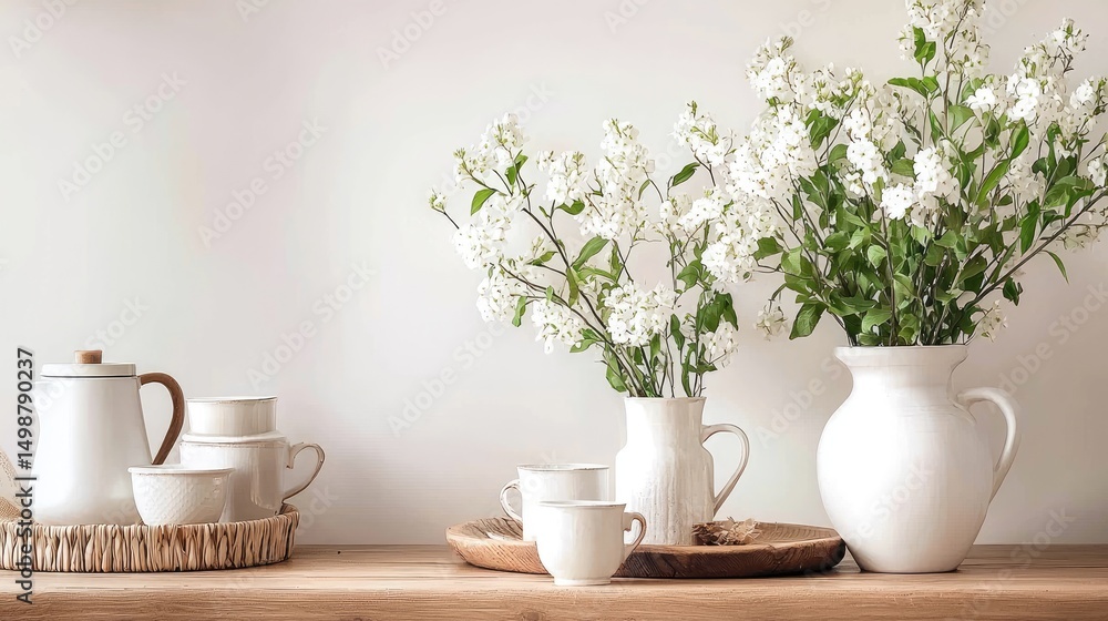 Elegant White Floral Arrangement with Tableware in Cozy Interior Elegant White Floral Arrangement with Tableware in Cozy Interior